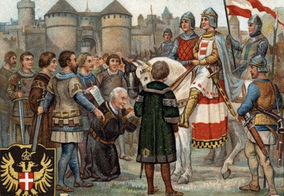 Historische episodes van beroemde steden: Rudolf van Habsburg (Rodolph I van het Heilige Rijk 1218-1291) nam bezit van Wenen (1276). Rodolph I was koning van de Romeinen en door bezit te nemen van de stad Wenen stichtte hij de macht van de Habsburgers. Chr door Unknown artist