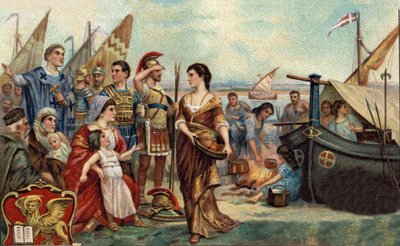 Historische episodes van beroemde steden: Venetiërs opgejaagd door de Hunnen bezetten de lagunes (in 452). Het is de stichting van Venetië - Barbaarse invasies - Chromolithografie uit de 19e eeuw. door Unknown artist