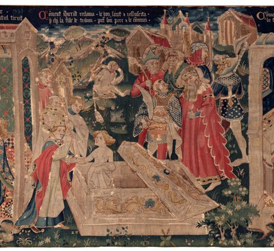 Geschiedenis van Sint Piat en Sint Eleuthère, Scene 12: De opstanding van de dochter van de tribuun (Comment Jehsucrist reclama le bon saint et ressuscita par chy la fille de tribun present son père et le commun) door Unknown artist