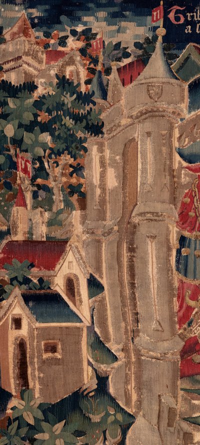 Geschiedenis van Sint Piat en Sint Eleuthère, Scene 14: De pest verwoest de stad Doornik (Tribuns voit sa fille retraire des crestiens et elle atraire a sa loy dont la mors soudaine en fut tost as paiens prochaine) (detail) door Unknown artist