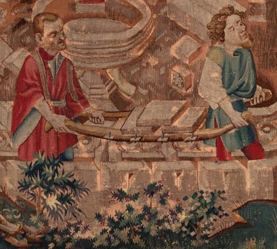 Geschiedenis van Sint Piat en Sint Eleuthère, Scene 5 Detail. Onderdeel. Metselaars die stenen vervoeren door Unknown artist
