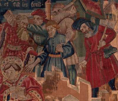 Geschiedenis van Sint Piat en Sint Eleuthère, Scène 5 Detail. Bovenkant rechts. Metselaars. door Unknown artist