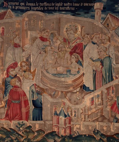 Geschiedenis van Sint Piat en Sint Eleuthère, Scène 6 Detail midden. Doopscène. door Unknown artist