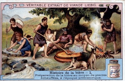 Geschiedenis van bier: bereiding van bier met warme stenen in de prehistorie - Liébig reclame sticker door Unknown artist