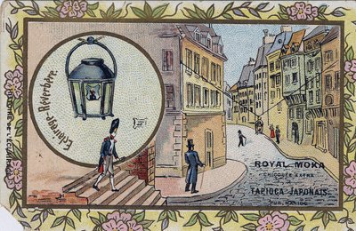 Geschiedenis van verlichting: Verlichting van straatlantaarns. Chromolithografie omwikkeld met de Royal Moka chicoree door Unknown artist