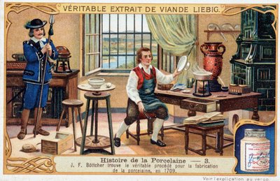 Geschiedenis van porselein: Johann Friedrich Bottger (Böttcher of Böttiger) (1682-1719) ontdekt de ware methode voor het maken van porselein in 1709 - Liebig chromolithografie door Unknown artist