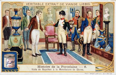 Geschiedenis van porselein: Bezoek van Napoleon Bonaparte (1769-1821) aan de fabriek van Sèvres - Liebig chromolithografie door Unknown artist
