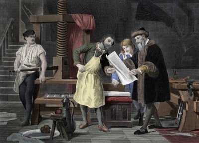Geschiedenis van de drukkunst: eerste test van de Bijbel gedrukt door de pers van Johannes Gensfleisch Gutenberg (1400-1468) afgebeeld met Johann Fust (1400-1466) - 1453 Het eerste proefblad van Gutenberg