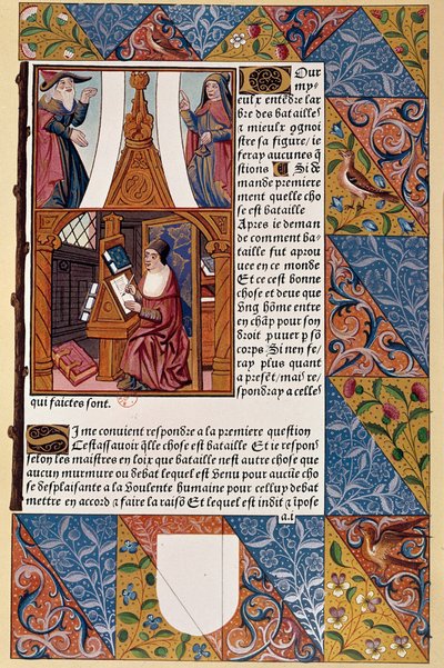 Geschiedenis van de drukkunst: uitgever Antoine Verard (? -1513) componeert zijn boek. Uit een manuscript uit 1494. door Unknown artist