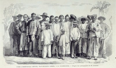 Geschiedenis van de Franse koloniën: Chinese immigranten werken in Guadeloupe. Tekening naar foto uit het einde van de 19e eeuw door Unknown artist