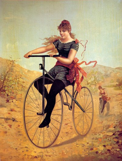 Geschiedenis van de fiets: velocipedist of een vrouw die op een fiets trapt door Unknown artist
