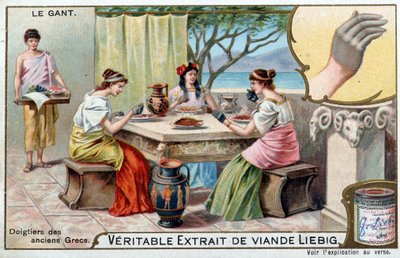 Geschiedenis van de handschoen: de vingers van de oude Grieken - Liebig chromolithografie door Unknown artist