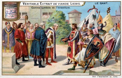 Geschiedenis van de handschoen: de handschoen als symbool van de investituur - Liebig chromolithografie door Unknown artist