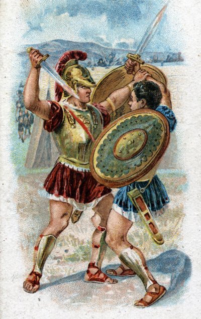 Geschiedenis van het leven van Achilles, legendarische held van de Trojaanse Oorlog: Achilles vecht tegen Hector om de dood van Patroclus te wreken. Chromolithografie uit 1890. door Unknown artist