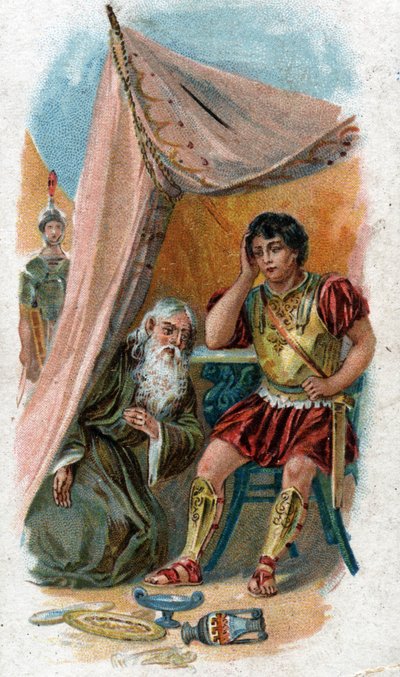 Geschiedenis van het leven van Achilles, legendarische held van de Trojaanse Oorlog: de oude wijze Nestor overtuigt Patrocles, vriend van Achilles, om hem te vervangen om de stad Troje te bestrijden. Chromolithografie van 1890. door Unknown artist