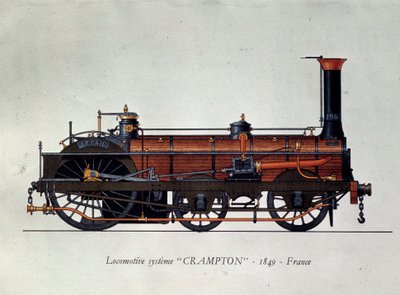 Geschiedenis van transport: locomotiefmodel, Crampton-systeem genoemd naar Thomas Russell Crampton (1816-1888), Britse ingenieur: hij creëerde een hogesnelheidslocomotief. Gravure uit 1849 Parijs, Decoratieve Kunsten door Unknown artist