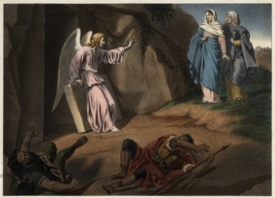 Heilige vrouwen bezoeken Christus bij het graf. Anonieme gravure uit de 19e eeuw. door Unknown artist