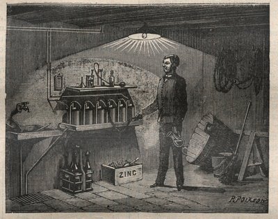 Thuis Elektriciteit: Installatie van de batterij uitgevonden door Radiguet in een kelder - Gravure in 