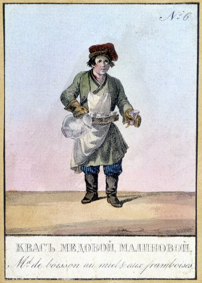 Honing- en frambozendrankverkoper in Rusland in de 19e eeuw. Illustratie uit de 19e eeuw. door Unknown artist