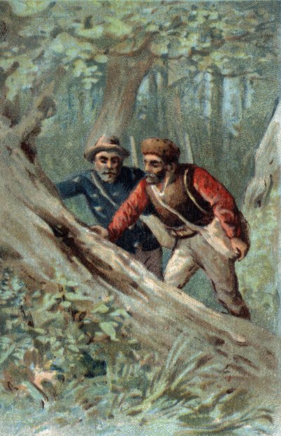 Honingjagers in Canada op zoek naar een zwermboom. Chromolithografie van het einde van de 19e eeuw. door Unknown artist