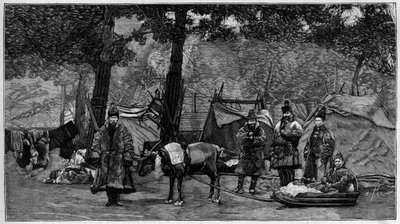 Menselijke dierentuin: Lappen kamp in de Acclimatation Tuin van Parijs. Gravure in 
