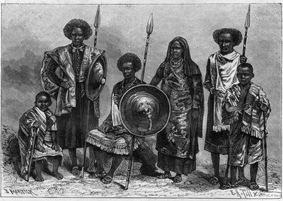 Menselijke dierentuin: groep Assabais, een stam uit Ethiopië, toen Italiaanse kolonie. Tentoonstelling in Turijn als onderdeel van de Nationale Tentoonstelling van 1884. Gravure in 