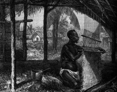 Menselijke dierentuin: wever uit Gabon op de Wereldtentoonstelling van 1889. Gravure in 