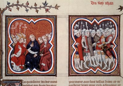 Honderdjarige Oorlog: Links de toekomstige dauphin Karel V de wijze en de raadsleden van de Staten-Generaal die de bevrijding van zijn vader Jan II na de slag bij Poitiers in 1356 bevalen door Unknown artist