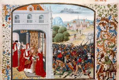 Honderdjarige Oorlog: paus Gregorius XI gekroond in Avignon in 1370. De slag bij Pontvallain tussen Fransen en Engelsen op 4/12/1370 door Unknown artist