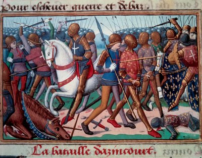 Honderdjarige Oorlog: De Slag bij Azincourt op 25/10/1415. Miniatuur uit het manuscript van Vigilles van koning Karel VII door Martial d