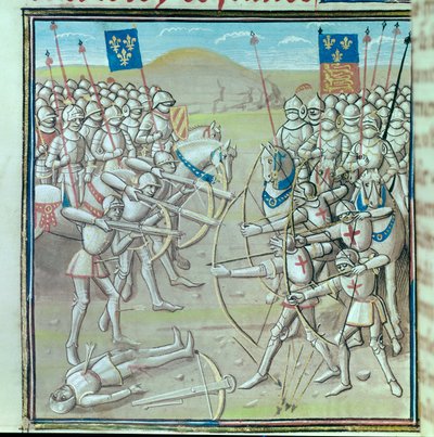 Honderdjarige Oorlog: de Slag bij Crécy op 26/08/1346 tussen de Fransen en de Engelsen. Miniatuur uit een 14e-eeuws manuscript Parijs, Bibliothèque de l