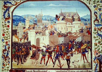Honderdjarige Oorlog: de plundering van de stad Aubenton in Picardië door Graaf Jean de Hainaut in 1340. Miniatuur uit 