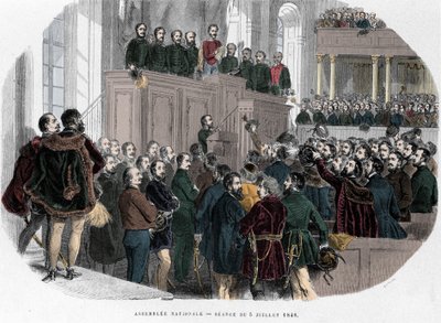 Hongaarse Revolutie van 1848: Eerste vergadering van de Nationale Vergadering in Hongarije op 5 juli 1848. Gravure in 