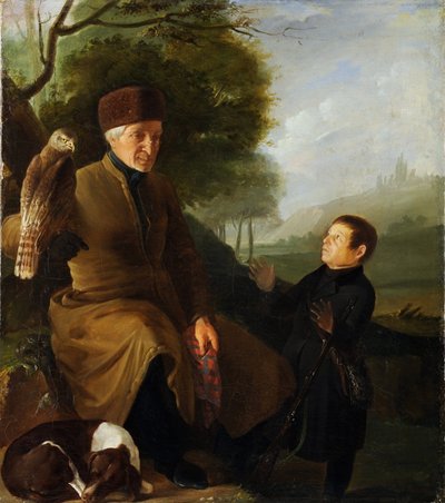 Jager met valk. Portret van Prins Platon Alexandrovich Zubov en Ivan Andreevich Yakubovsky door Unknown artist