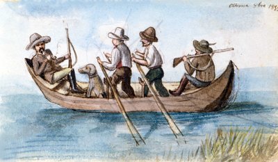 Jagers in de moerassen. Tekening door Unknown artist