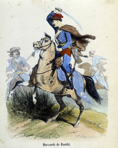 Huzaren van Rautki in 1720 vechter. door Unknown artist