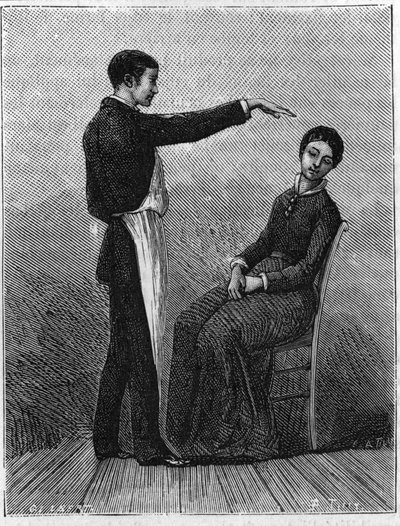 Hypnotisme verschijnselen: hypnotisme wordt geproduceerd door plotseling de hand voor de patiënt uit te strekken. Gravure uit 1881. door Unknown artist