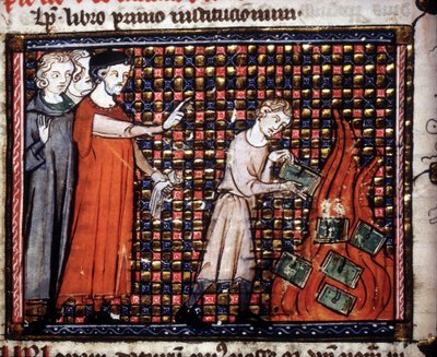Beeldenstormers gooien miniatuurmanuscripten in het vuur. 14e-eeuws manuscript. door Unknown artist