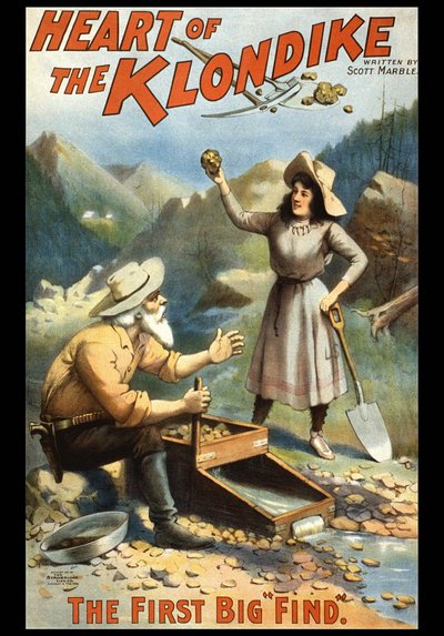 Illustratie van een goudzoeker in de Klondike. Het hart van de Klondike door S. Marble. Poster uit het einde van de 19e eeuw door Unknown artist