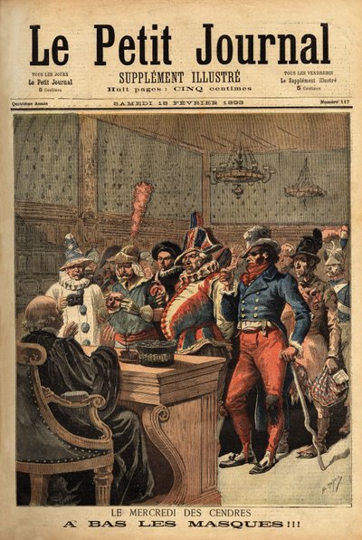 Illustratie voor Aswoensdag, na het Carnaval van Mardi Gras, passeren de feestkostuums voor de rechter om zichzelf te onthullen. Gravure in Le petit journal 18/02/1893. Selva