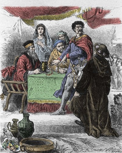 Illustratie voor “Ivanhoe” door Walter Scott (1771-1832), Schotse schrijver: Ivanhoe wordt uitgedaagd door Saksische ridder Brian de Bois Guilbert. door Unknown artist