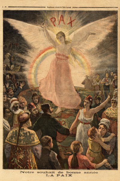 Illustratie voor nieuwjaarsgroeten 1894, vrede voor alle naties. Gravure in Le petit journal 1/01/1894. Selva
