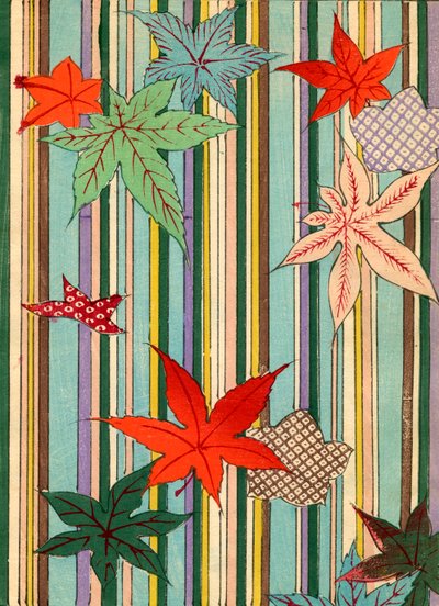 Illustratie van herfstbladeren op een gestreepte achtergrond door Unknown artist