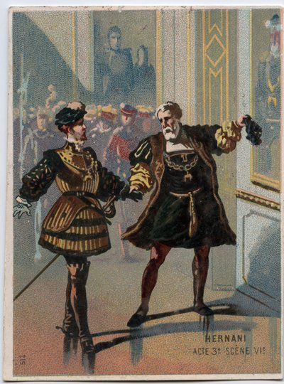 Illustratie van Ernani door de Italiaanse componist Giuseppe Verdi (1813-1901), act 3, scène VI opera gecreëerd in 1844 na de tragedie Hernani door Victor Hugo. Chromolithografie uit het einde van de 19e eeuw. door Unknown artist