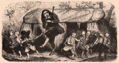 Illustratie van een legende naar Bretonse tradities: de Lao doedelzakspeler en kabouters die dansen voor een dolmen door Unknown