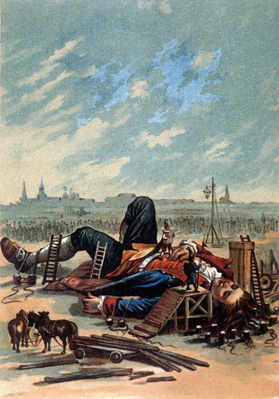 Illustratie van Lilliputters die Gulliver vastbinden. Chromolithografie, eind 19e eeuw door Unknown artist