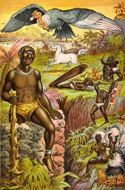 Illustratie met denkbeeldige monsters uit Afrika getiteld 