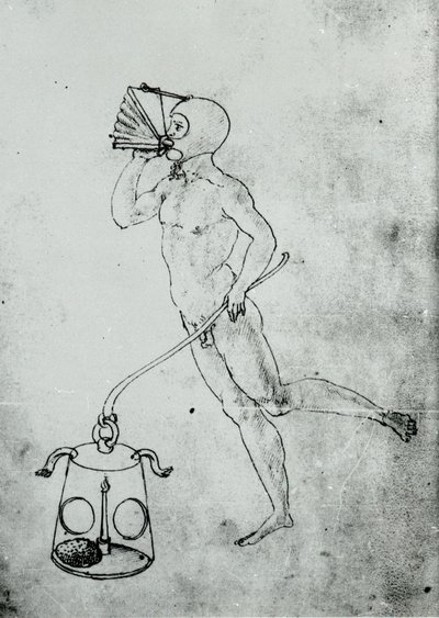 In een volume van Francesco di Giorgio verschijnt deze tekening van een blaasbalg voor onderwaterademhaling door Unknown artist