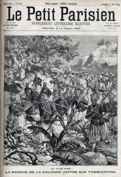 In de Franse koloniën: de mars van de colonne van generaal Joseph Joffre (1852-1931) en zijn leger van spahis naar Timboektoe (Mali). Gravure in 