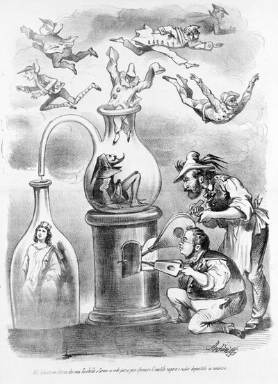 In het alchemielaboratorium van de medewerkers Garibaldi en Cavour zien we geleidelijk de onnodige stoom verdwijnen (vertegenwoordigd door de maskers van de Italiaanse regio